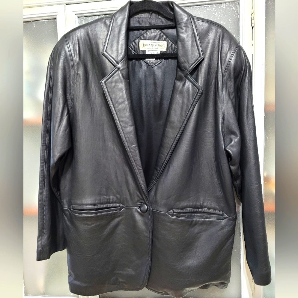 Vintage Leather Black Women's 1980's Jacket Blazer Retro shoulder pads - Picture 1 of 16